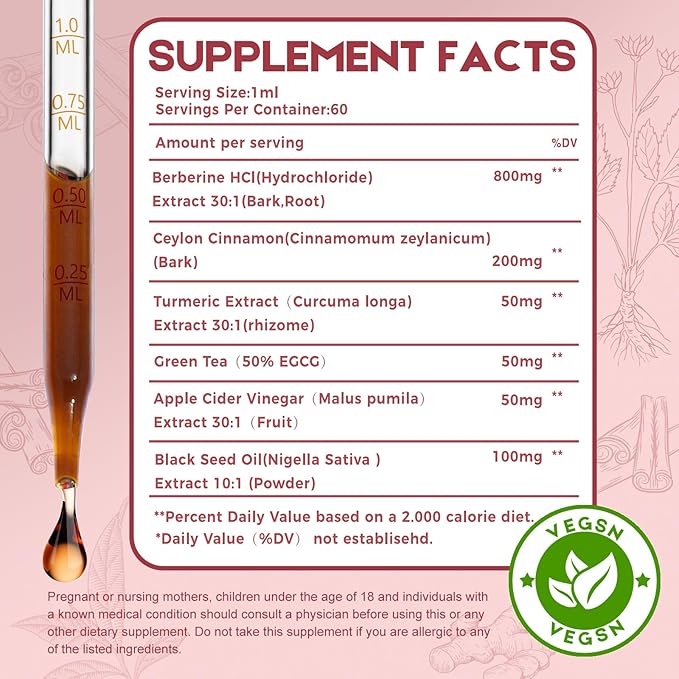 Ceylon Cinnamon Berberine Bitter Liquid Drops Supplement with Turmeric,Green Tea,Apple Cider