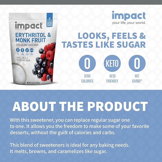 Impact White Monk Fruit & Erythritol Sweetener Blend - Gluten Free, Zero Calories, Net Carbs, Keto