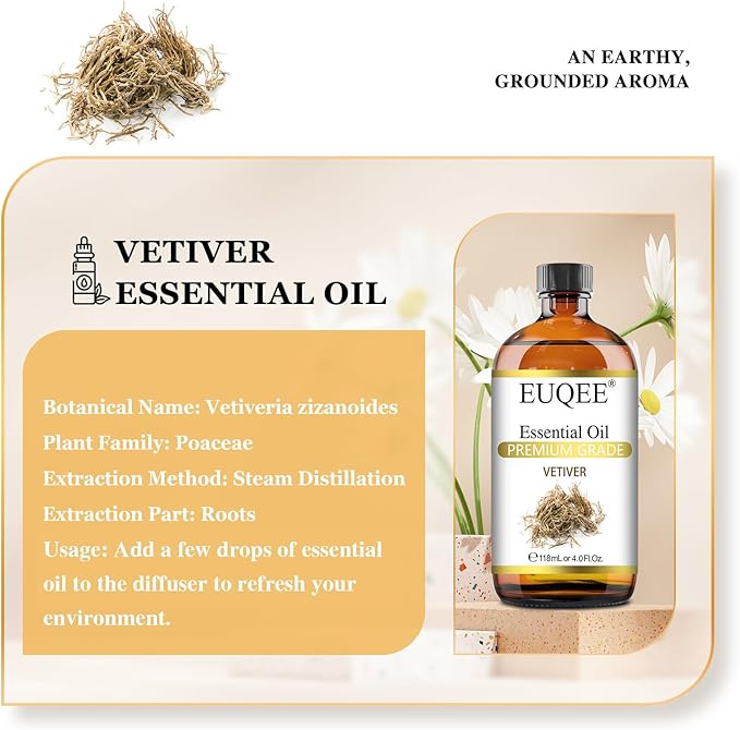 Vetiver Essential Oil 4oz/118ML Large Bottle Vetiver Oil Premium Essential Oil for Candle Making