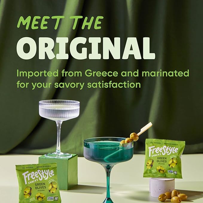 Freestyle Snacks Olive Snack Packs - Single Serve - Fresh Pitted Green Olives, Jumbo-Sized, Grown