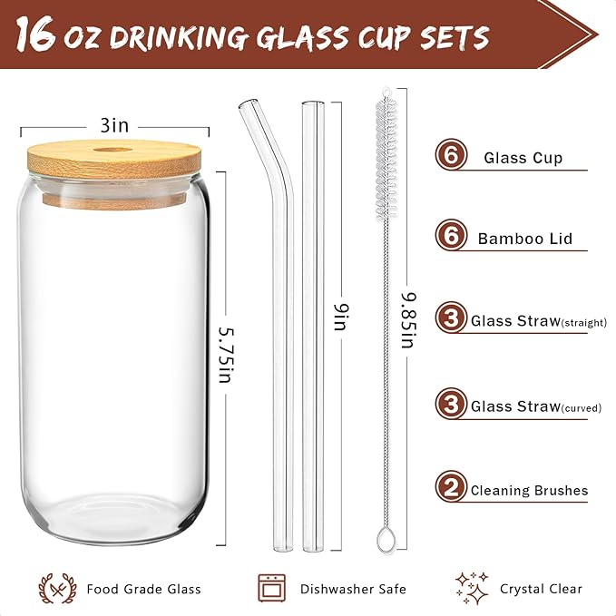 16 Oz Drinking Glasses with Bamboo Lids and Glass Straw - 6 Pcs Glass Cups Beer Ice Coffee Glasses