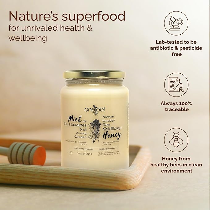 Oneroot 100% Canadian Flower Honey - 1kg / 2.2lbs, Honey Wildflower Unfiltered, Unheated & Creamed