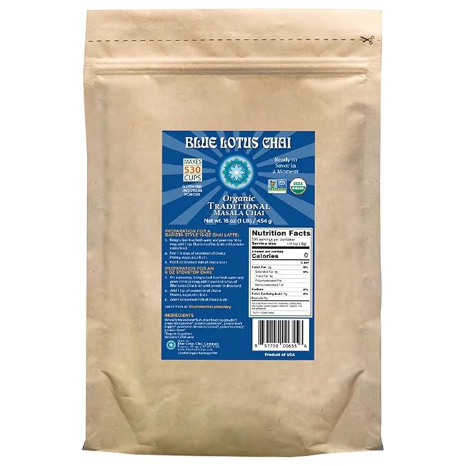 Blue Lotus Chai - Fully Organic Traditional Masala Chai - Makes 530 Cups - 1 Pound Bulk Bag Masala