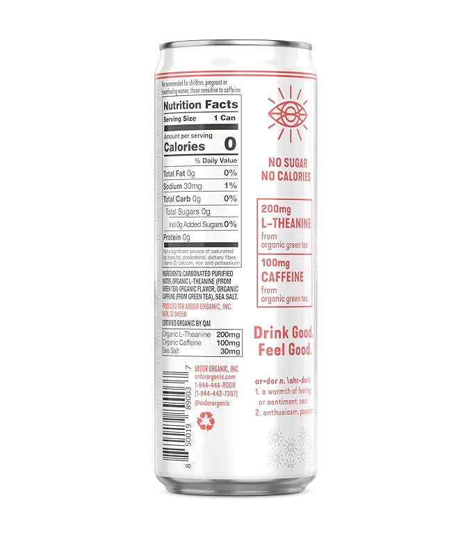ARDOR ENERGY Sparkling Water with 100mg Natural Caffeine & 200mg L-Theanine from Organic Green Tea