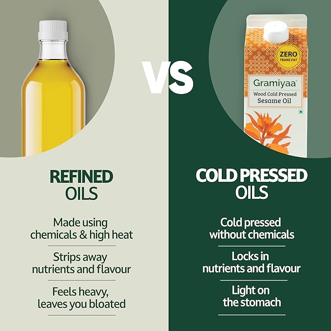 Gramiyaa Cold Pressed Non Toasted Sesame Oil for Cooking | 33.81 FL OZ (1L) | 100% Raw, Chemical