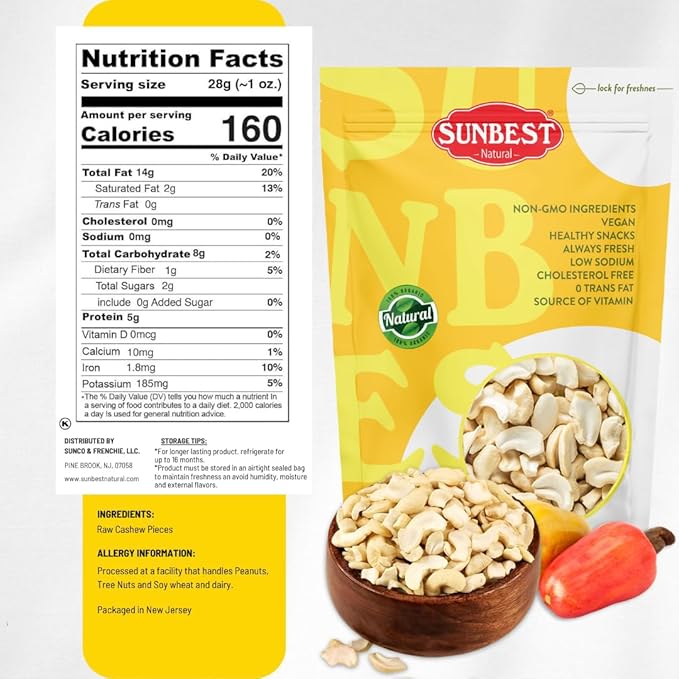 Sunbest Natural Raw Cashews ??Large Cashew Pieces, 5 lb Bulk Bag (80 oz) ??Unroasted & Unsalted