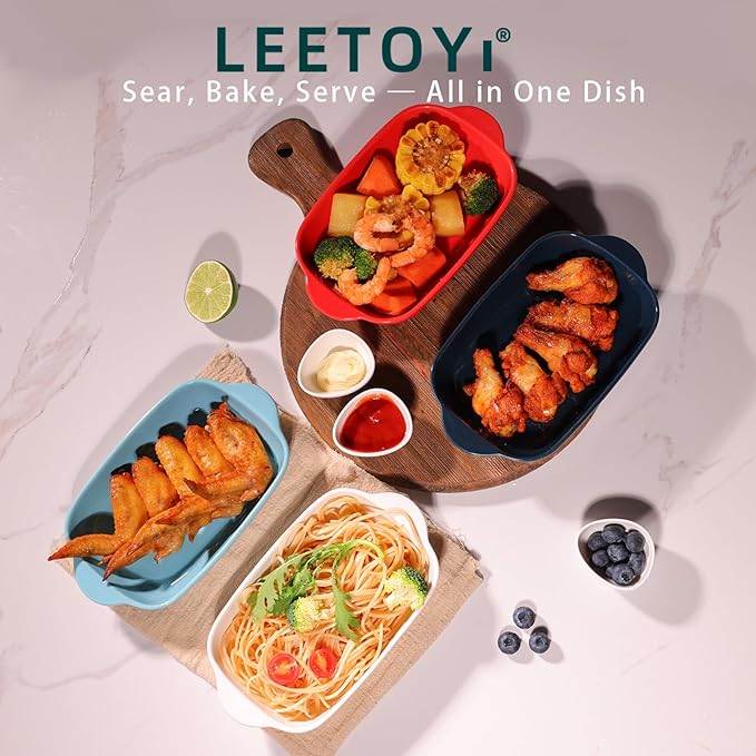 LEETOYI Ceramic Small Baking Dish 7.5-Inch Set of 4, Rectangular Bakeware with Double Handle