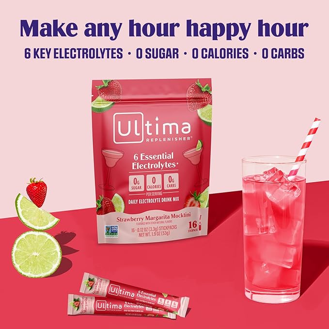 Ultima Replenisher Daily Electrolyte Powder Drink Mix - Sugar Free - Strawberry Margarita, 16