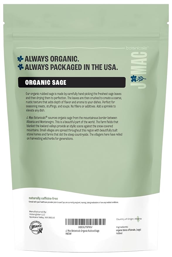 J Mac Botanicals, Organic Rubbed Sage (4 oz), Certified USDA Organic, Dried Rubbed Sage Leaf.