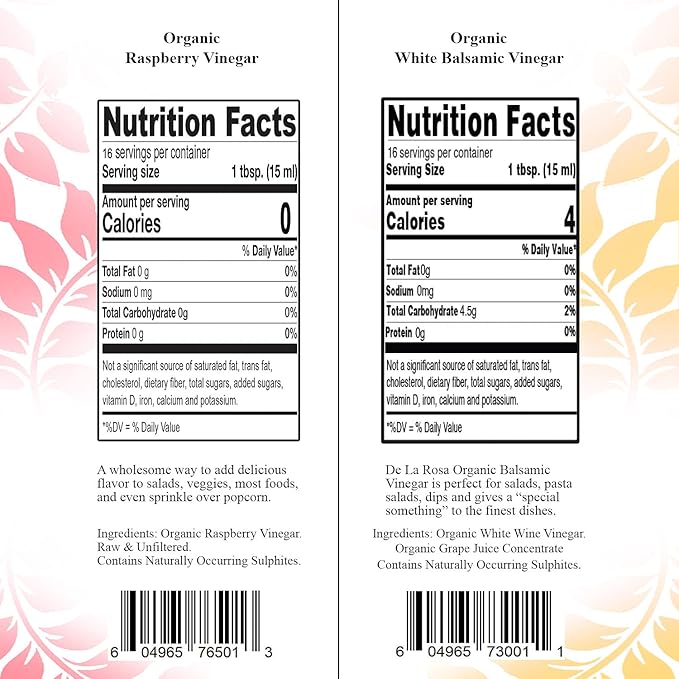 De la Rosa Organic Raspberry & White Balsamic Vinegar, Vegan, Kosher, Non-GMO & Gluten Free, Great