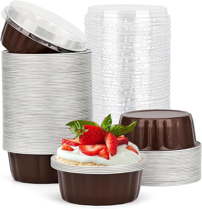 Beasea 8oz Disposable Ramekins, 100 Pack Aluminum Foil Cups with Lids, Baking Ramekin Cup Souffle