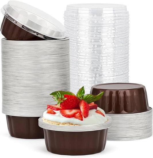 Beasea 8oz Disposable Ramekins, 100 Pack Aluminum Foil Cups with Lids, Baking Ramekin Cup Souffle