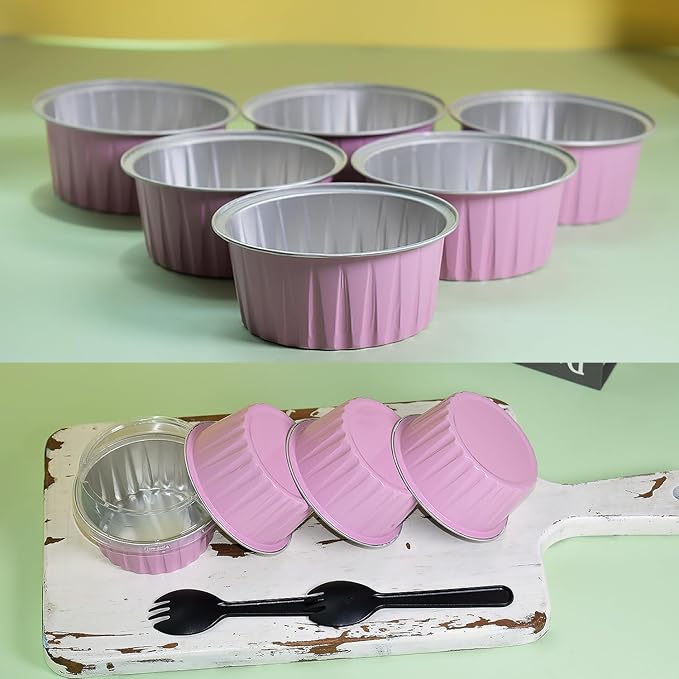 60 Pcs Mini Cake Pans with Lids,5oz Aluminum Foil Baking Cups Round Mini Disposable Ramekins 125ml