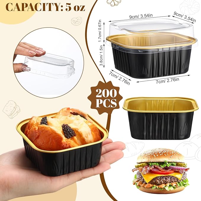 200 Pack 5 oz Square Baking Cups with Lids Aluminum Foil Mini Cake Pans with Lids Disposable