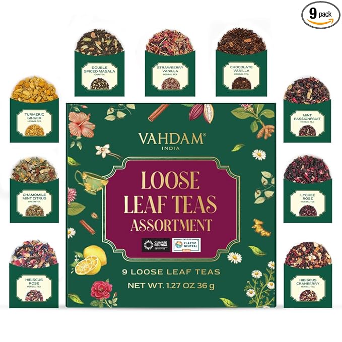 VAHDAM Top 9 Exotic Loose Leaf Herbal Tea Sampler (18+ cups) | No Caffeine | Floral & Fruity Blends