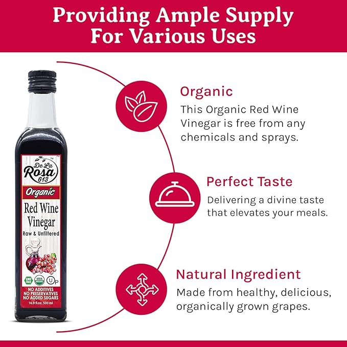 De La Rosa Red Wine Vinegar Organic, Raw & Unfiltered, Kosher for Passover, Vegan, Non-GMO & Gluten