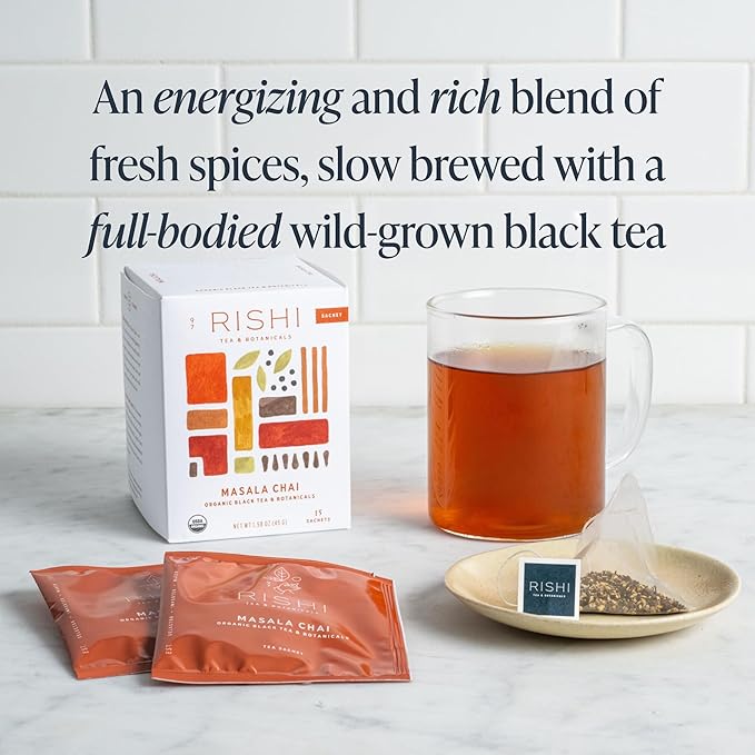 Rishi Tea Masala Chai Black Sachet Tea Bag Blend - Organic, Assam with Whole Spices, Energizing &