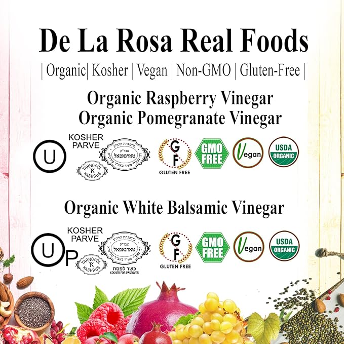 De La Rosa Organic Vinegar Variety Pack, Raspberry, Pomegranate & White Balsamic Vinegar, Vegan