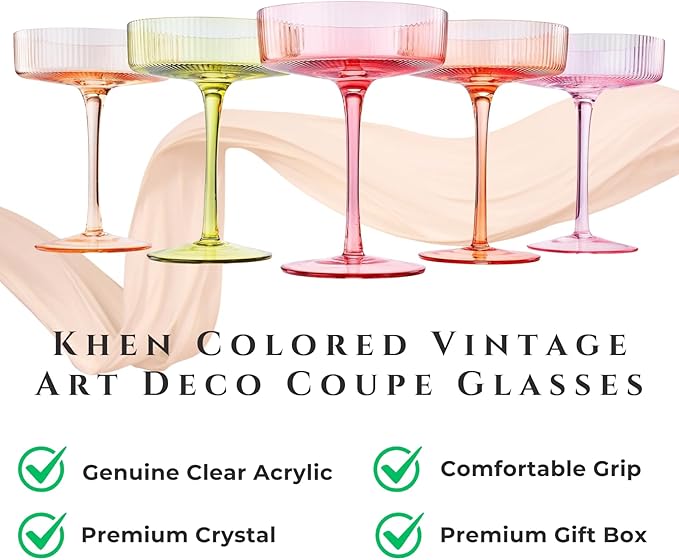 Khen Pastels Colored Vintage Art Deco Coupe Glasses - Martini, Cocktail & Champagne Ribbed Glasses