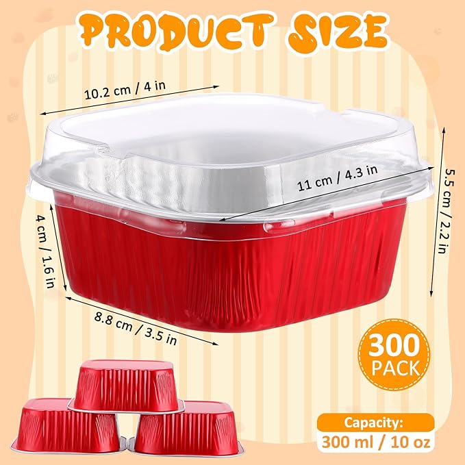 Aoriher 300 Pieces 10 oz Mini Cake Pans with Lids, Aluminum Foil Baking Cups, Square Disposable