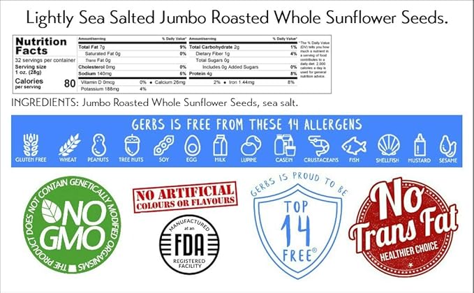 Jumbo Lightly Sea Salted Sunflower Seeds by Gerbs - 2 LBS. - Top 14 Food Allergen Free & Non GMO