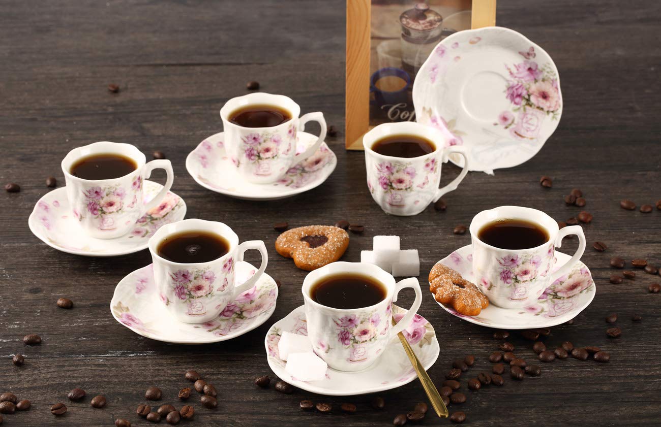 GuangYang 2.5 oz Porcelain Espresso Cups and Saucers Set – Floral Design, Purple Pattern