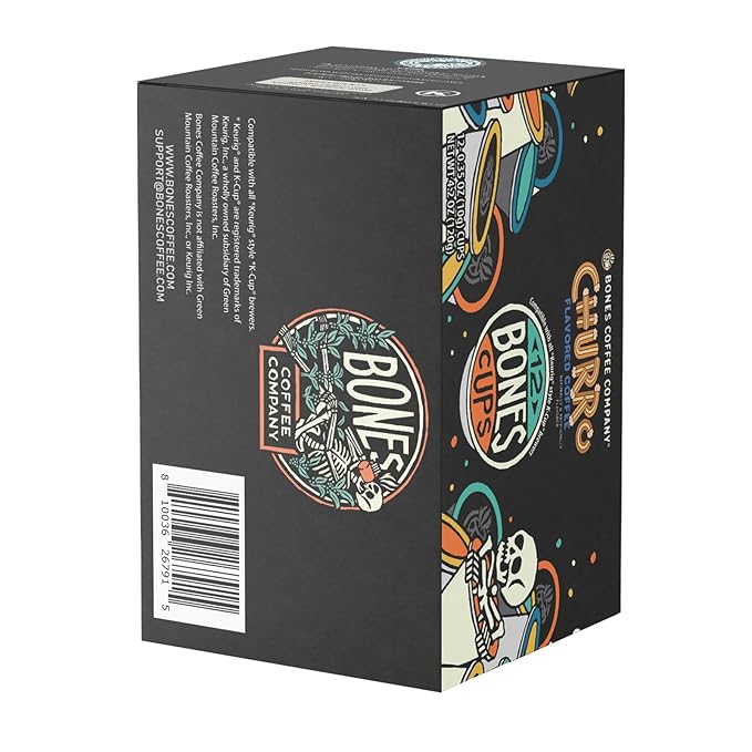 Bones Coffee Company Churro Flavored Coffee Pods, Low Acid Medium Roast Single-Serve Bones Cups