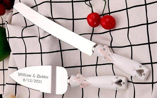 GIFTS INFINITY Personalized Wedding Cake Knife and Server Double Heart Set Free Engraving, Bridal &