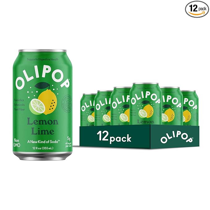 OLIPOP Prebiotic Soda Pop, Lemon Lime, Pantry Pack Packed with Prebiotics, Fiber, and Botanicals