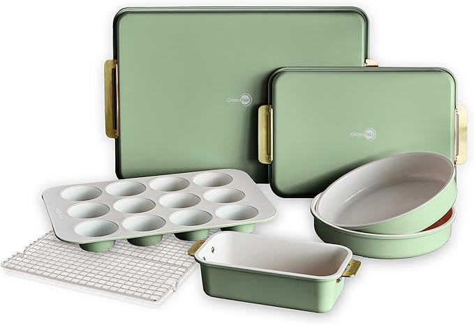 GreenPan Bakeware Set, 7 Piece Nonstick Ceramic Gold Handle Baking Sheets, Cake Pans, Loaf Pan