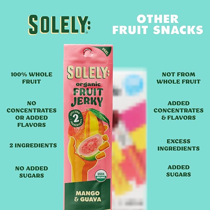 SOLELY - Organic Mango Guava Fruit Jerky - 12 Individually Wrapped Strips (12-Pack) - Fruit Leather