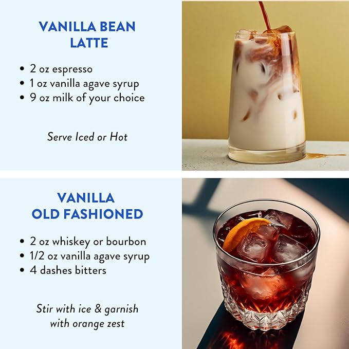 Vanilla Bean Agave Simple Syrup for Coffee & Cocktails - Sweetened with Organic Agave Nectar