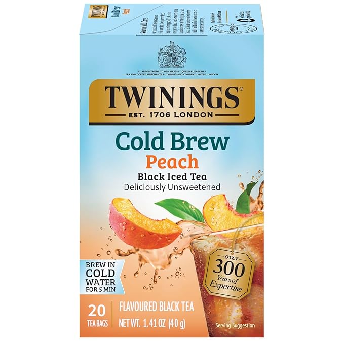 Twinings Peach Cold Brew Iced Tea Bags, 20 Count (Pack of 1), Unsweetened Flavoured Black Tea