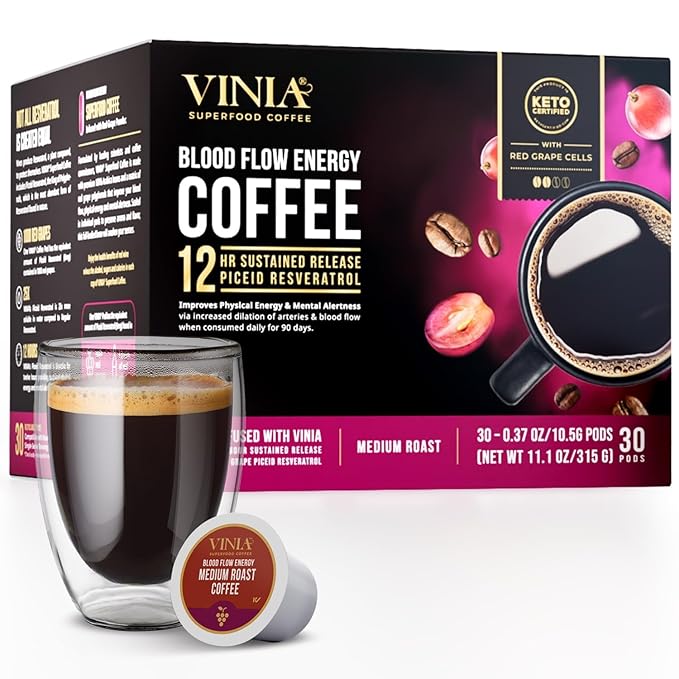 VINIA Blood Flow Energy Coffee Pods - Medium Roast Infused with Red Grape Piceid Resveratrol for