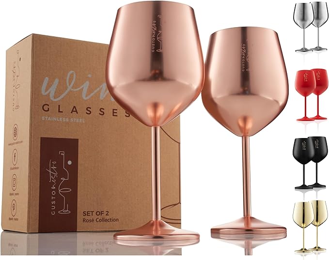 Gusto Nostro Stainless Steel Wine Glass - 18 oz - Unbreakable Rose Gold Wine Glasses for Travel