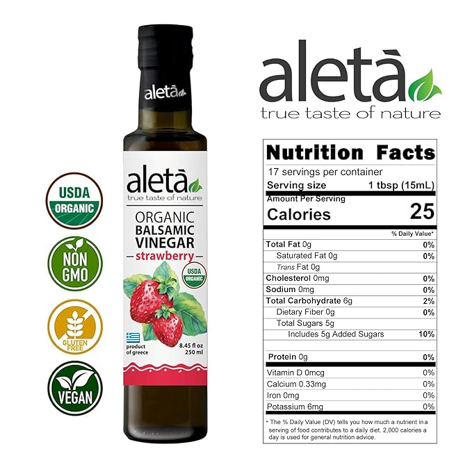 Aleta Farms Balsamic Vinegar, Greek Organic Strawberry Infused Aged Balsamic Vinegar, USDA Organic