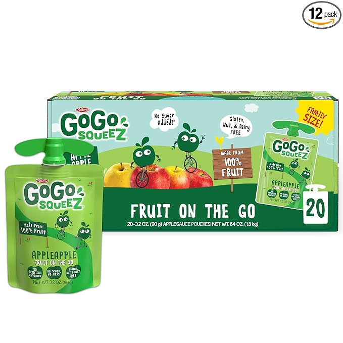 GoGo squeeZ Applesauce and Fruit Puree, Apple Apple, 3.2 oz (Pack of 20), Unsweetened Fruit Snacks
