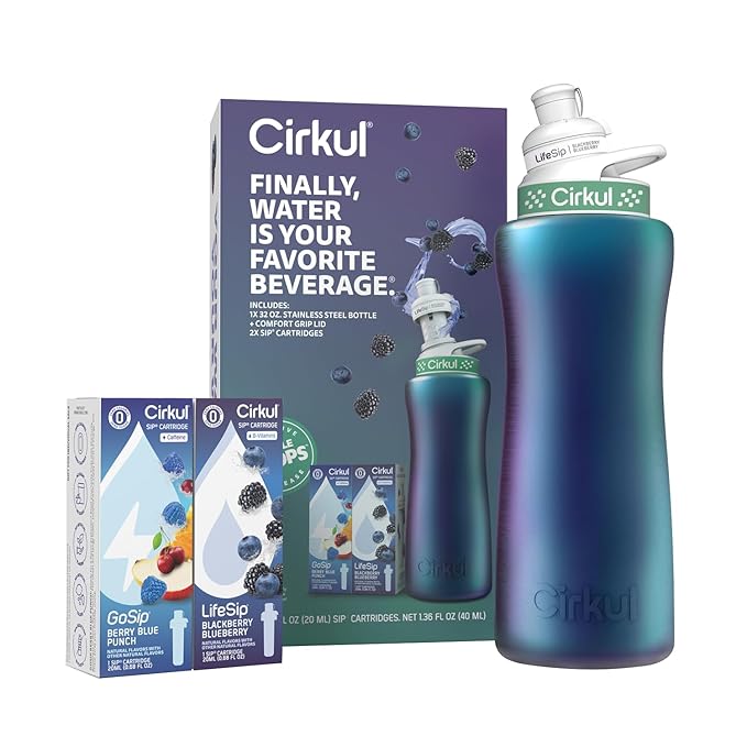 Cirkul 32oz. Chameleon Stainless Steel Water Bottle Starter Kit with Green Lid, 2 Flavor Cartridges