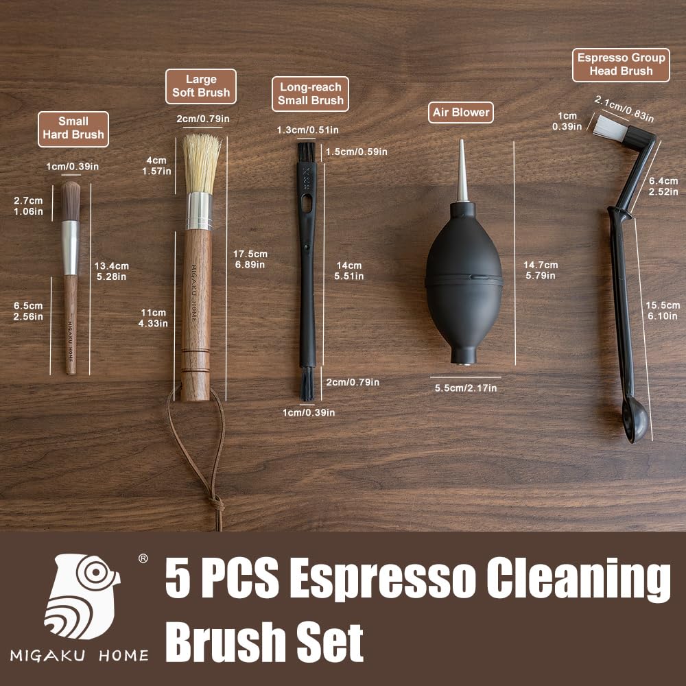 MIGAKU HOME Coffee Grinder Cleaning Kit - 5Pcs Large Soft Brush, Small Hard Brush, Group Head