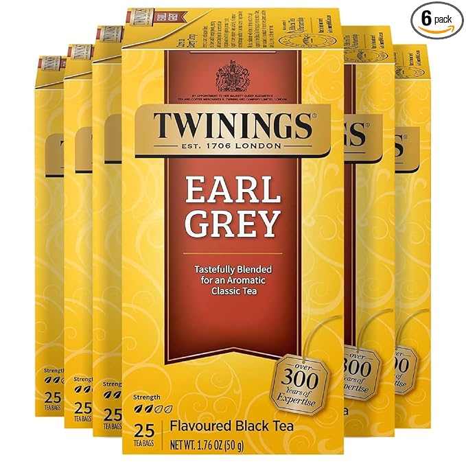 Twinings Earl Grey Black Tea Individually Wrapped Bags, 25 Count (Pack of 6), Flavoured with Citrus