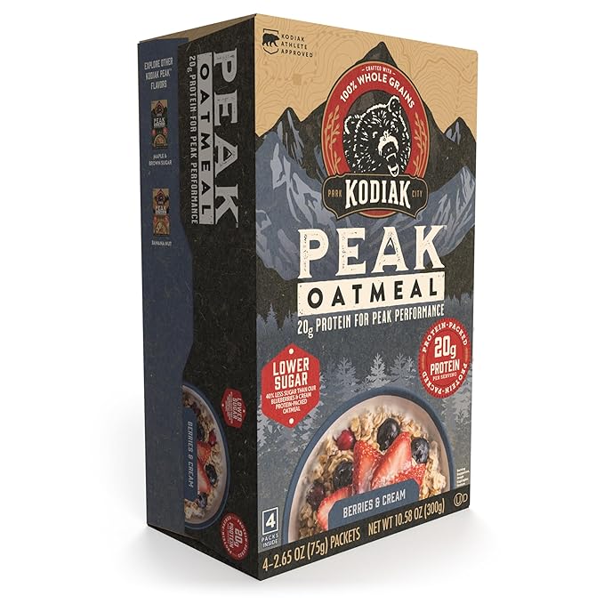 Kodiak Cakes Peak Instant Oatmeal Packets, Berries & Cream, High Protein,100% Whole Grains, 6 box