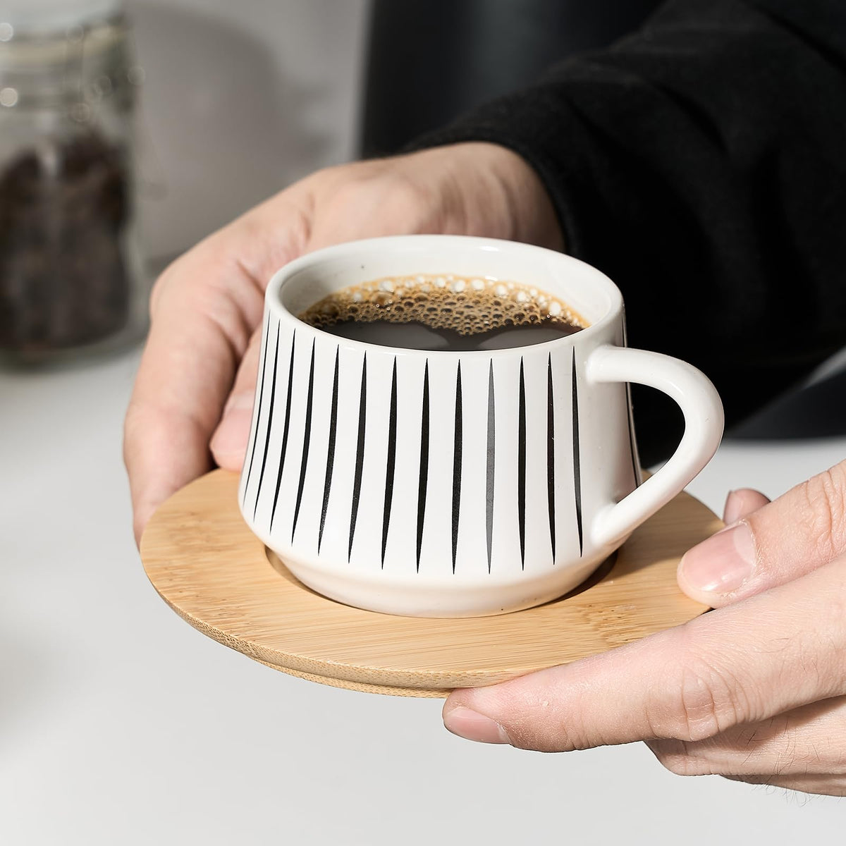 LUKA Ceramic Coffee Espresso Cups with Saucers Set with Metal Holder, 4.4 oz Porcelain Demitasse