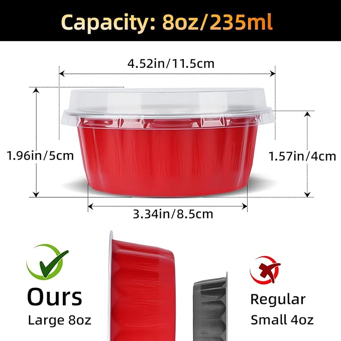 Beasea Disposable Ramekins for Baking, 120 Pack 8 oz 4 Inch with Lids Mini Red Foil Creme Brulee
