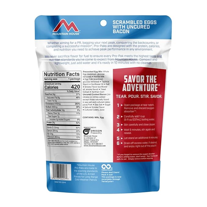 Mountain House Scrambled Eggs with Uncured Bacon Pro-Pak | Freeze Dried Backpacking & Camping Food