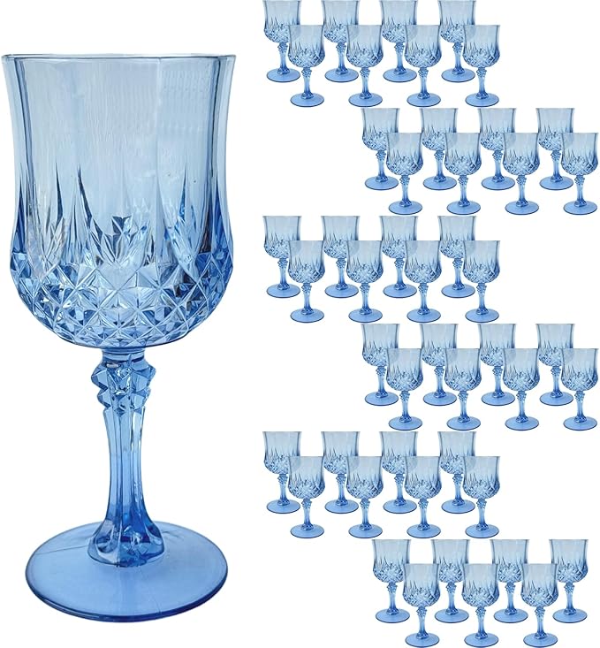 48 PCS Blue Plastic Wine Glasses,Reusable Plastic Wine Glasses,Blue Goblet Glass,Durable and Sturdy