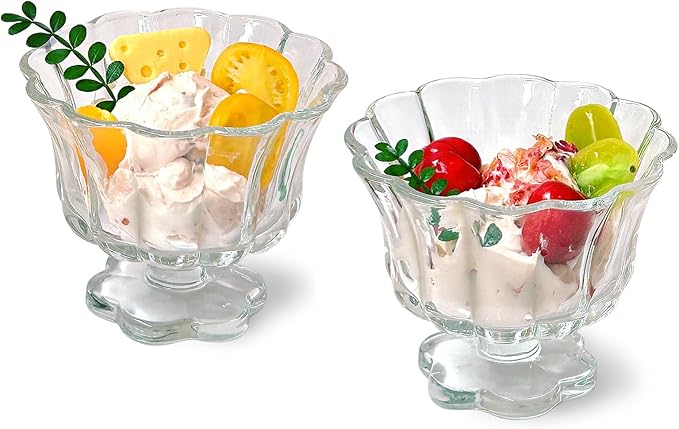 Ice Cream Bowls Drinking Glass Cups Set of 2 (Transparent), Flower Petal Style Glasses, 8.5oz