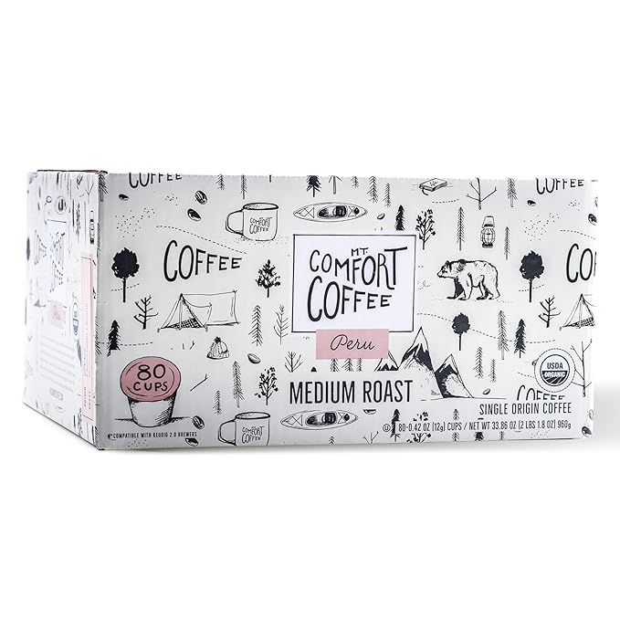 Mt. Comfort Coffee Organic Peru Medium Roast, 80 Count Coffee Pods - K-Cup Compatible Including 2.0
