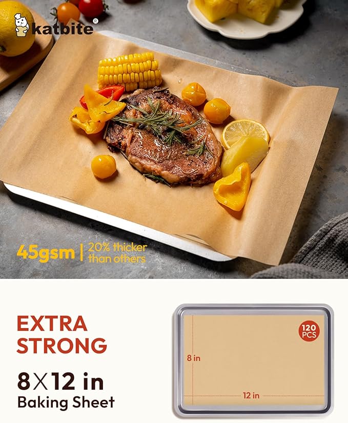 Katbite 120Pcs 8x12 inches Parchment Paper Sheets, Heavy Duty Unbleached Baking Paper, Pre-cut