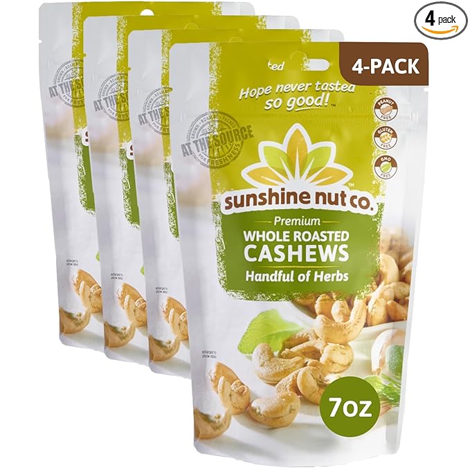 Sunshine Nut Company Whole Roasted Lightly Salted Cashews, Handful of Herbs Flavor, 4 Pack, 7 oz.