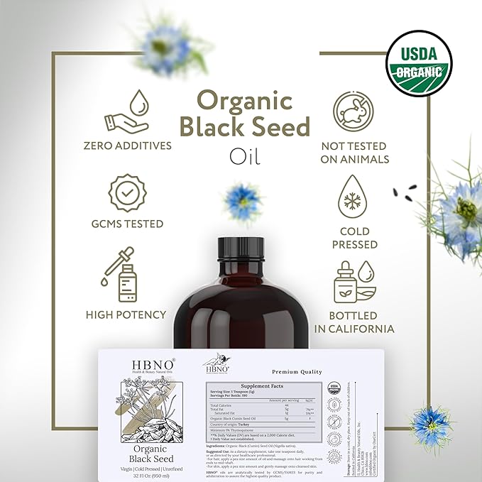 HBNO Organic Black Seed Oil - Huge 32oz (950ml) Glass Bottle Value Size - USDA Certified Organic